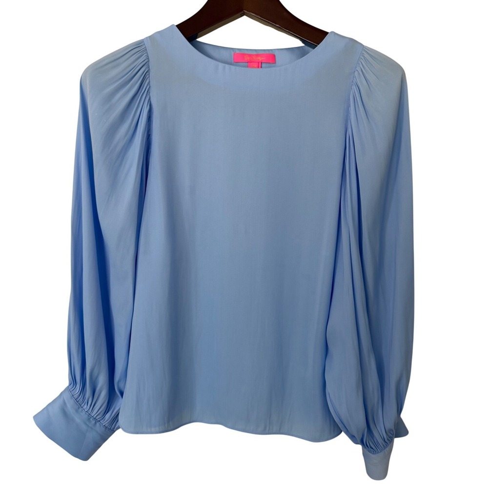 Lilly Pulitzer Maisel Top XS Light Blue Puff Sleeve Blouse Gold Button 001635